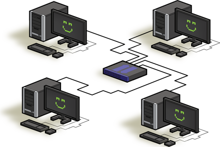 A local area network. This illustration shows a group of connected computers.